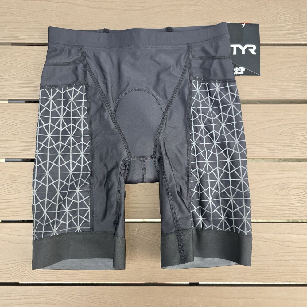 TYR Women's 8" Grey/Black Competitor Tri Triathlon Padded Shorts Size: S New